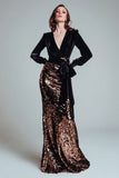 Sparkly Black and Coffee Sequins Maxi Sheath Holiday Party Dress with Bow