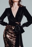 Sparkly Black and Coffee Sequins Maxi Sheath Holiday Party Dress with Bow