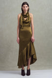 Satin Sheath Olive Neck Scarf Asymmetrical Formal Dress with Ruffles