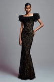 Black Lace Mermaid Ruffled Maxi Formal Dress with Sleeves