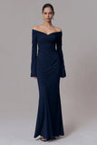 Elegant Navy Mermaid Ruched Long Sleeves Formal Dress