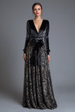 Sparkly Black Sequins Long Sleeves Velvet Holiday Party Dress with Bow