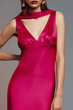 Fuchsia Satin Neck Scarf Sheath Asymmetrical Formal Dress with Ruffles