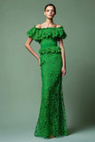 Green Off the Shoulder Lace Mermaid Maxi Formal Dress with Ruffles