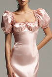 Pink Satin Sheath Square Neck Puff Sleeves Long Formal Dress