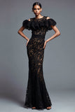 Black Lace Mermaid Cold Shoulder Maxi Formal Dress with Ruffles