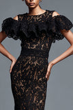 Black Lace Mermaid Cold Shoulder Maxi Formal Dress with Ruffles