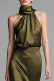 Olive Sheath High Neck Asymmetrical Satin Formal Dress
