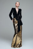 Sparkly Black and Gold Sequins Mermaid Maxi Holiday Party Dress with Bow