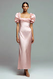 Pink Satin Square Neck Puff Sleeves Sheath Long Formal Dress with Ruffles