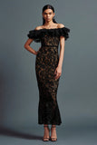 Black Mermaid Lace Maxi Off the Shoulder Formal Dress with Ruffles
