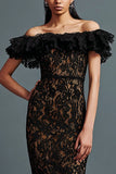 Black Mermaid Lace Maxi Off the Shoulder Formal Dress with Ruffles