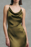 Olive Satin Cowl Neck Sheath Maxi Formal Dress with Ruffles