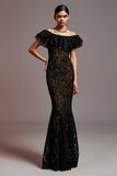 Black Off the Shoulder Mermaid Maxi Lace Formal Dress with Ruffles