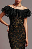 Black Off the Shoulder Mermaid Maxi Lace Formal Dress with Ruffles