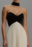 Black and White Strapless Neck Scarf Maxi Pleated Formal Dress
