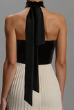 Black and White Strapless Neck Scarf Maxi Pleated Formal Dress