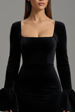 Maxi Black Velvet Sheath Square Neck Formal Dress with Sleeves