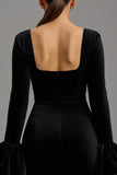 Maxi Black Velvet Sheath Square Neck Formal Dress with Sleeves