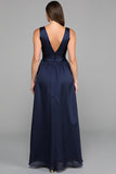 Navy A Line Deep V Neck Empire Waist Maxi Formal Dress