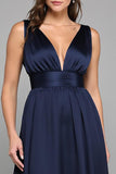 Navy A Line Deep V Neck Empire Waist Maxi Formal Dress