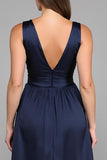 Navy A Line Deep V Neck Empire Waist Maxi Formal Dress