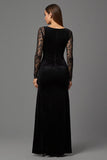 Black Sheath Velvet Illusion Neck Maxi Formal Dress with Lace