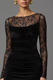 Black Sheath Velvet Illusion Neck Maxi Formal Dress with Lace