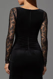 Black Sheath Velvet Illusion Neck Maxi Formal Dress with Lace