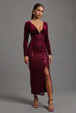 Burgundy Sheath Sparkly Sequins Long Sleeves Formal Dress with Slit