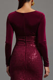 Burgundy Sheath Sparkly Sequins Long Sleeves Formal Dress with Slit