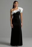 Black and White One Shoulder Ruffled Maxi Formal Dress