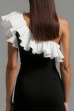 Black and White One Shoulder Ruffled Maxi Formal Dress
