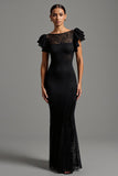 Black Maxi Lace Sheath Boat Neck Formal Dress with Ruffles