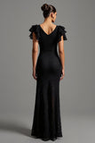 Black Maxi Lace Sheath Boat Neck Formal Dress with Ruffles
