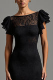 Black Maxi Lace Sheath Boat Neck Formal Dress with Ruffles