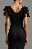 Black Maxi Lace Sheath Boat Neck Formal Dress with Ruffles