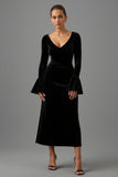 Black Sheath Velvet V Neck Maxi Formal Dress with Sleeves