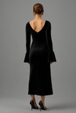 Black Sheath Velvet V Neck Maxi Formal Dress with Sleeves