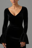 Black Sheath Velvet V Neck Maxi Formal Dress with Sleeves
