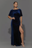 Navy Sheath Velvet Boat Neck Maxi Ruched Formal Dress with Slit