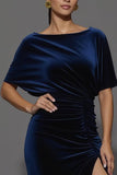 Navy Sheath Velvet Boat Neck Maxi Ruched Formal Dress with Slit