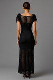 Maxi Black Sheath Lace Boat Neck Formal Dress with Ruffles