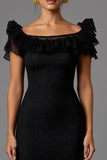 Maxi Black Sheath Lace Boat Neck Formal Dress with Ruffles