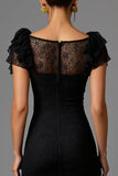 Maxi Black Sheath Lace Boat Neck Formal Dress with Ruffles