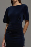 Navy Maxi Velvet Sheath Bateau Neck Formal Dress with Slit