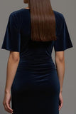 Navy Maxi Velvet Sheath Bateau Neck Formal Dress with Slit