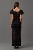 Black Sheath Boat Neck Long Lace Formal Dress with Ruffles