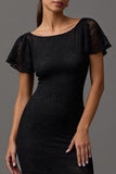 Black Sheath Boat Neck Long Lace Formal Dress with Ruffles
