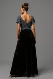 Glitter Black and Grey A Line Velvet V Neck Maxi Formal Dress